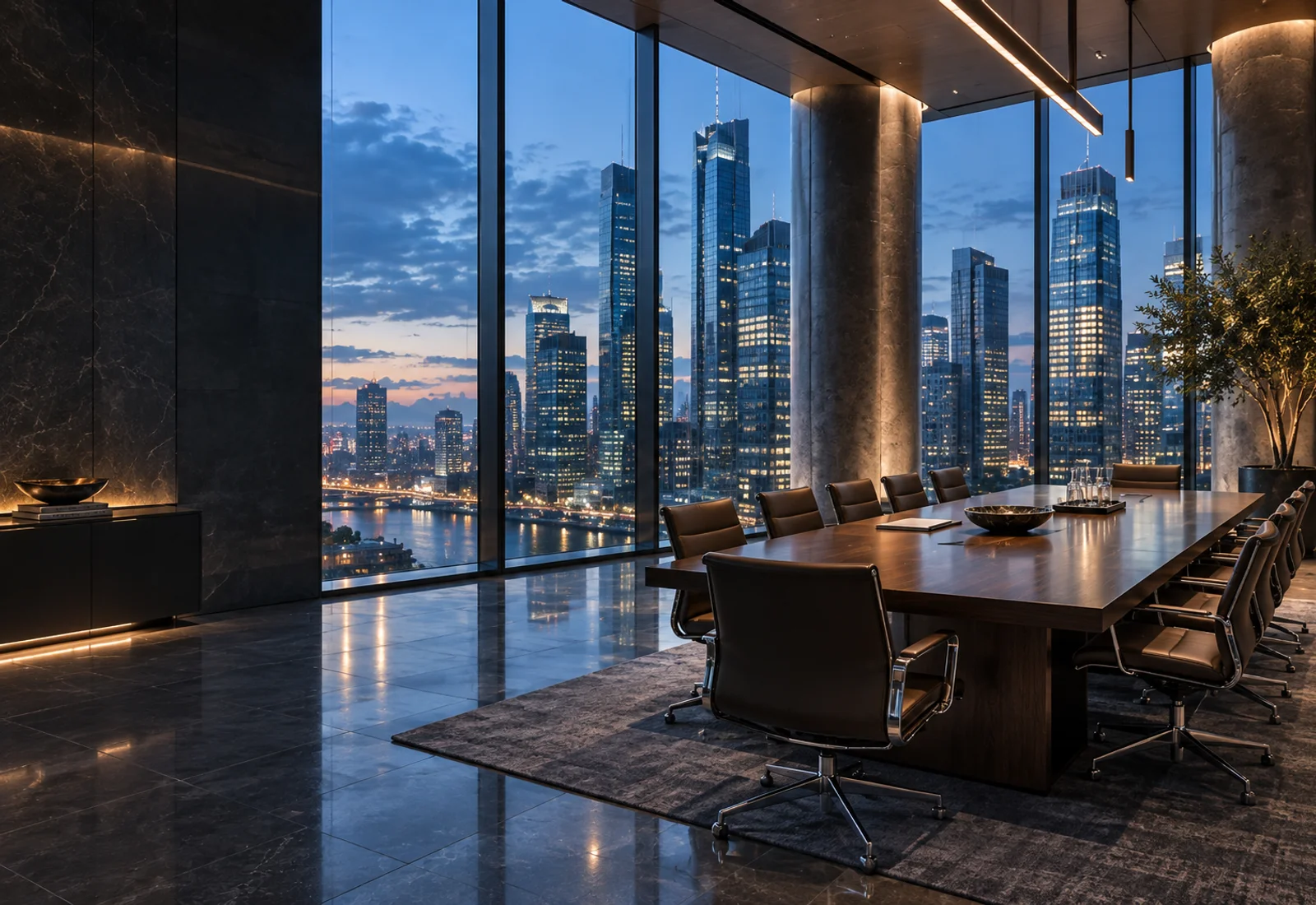 A refined financial firm office overlooking a city skyline at blue hour