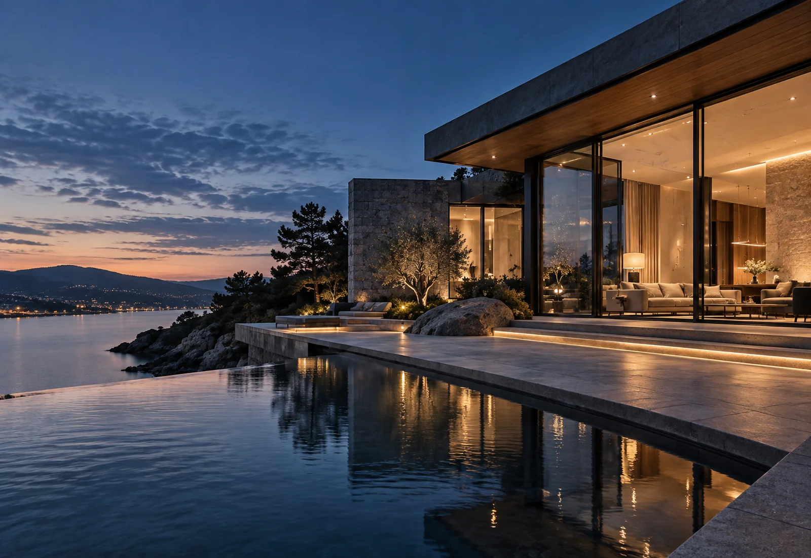 A glass-fronted contemporary residence with warm lighting at dusk